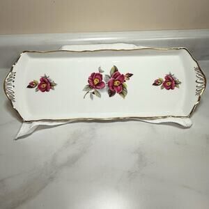 Vintage Coimbra SP Portugal Sandwich Platter Porcelain Floral Gold Serving Dish
